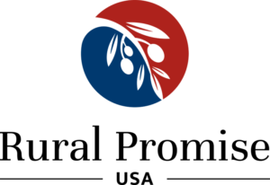 Rural Promise USA Logo - Black serif type with red and blue circle with olive branch icon above